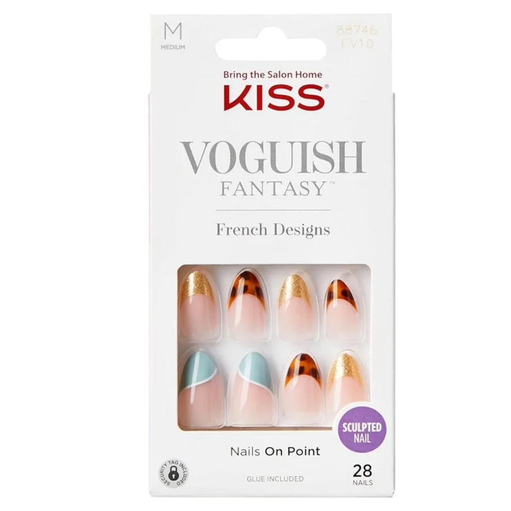 KISS Voguish Fantasy Press-On Glue Nails – French Designs, Medium – New in box